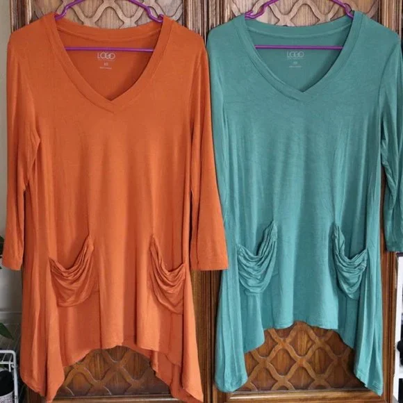 LOGO by Lori Goldstein V-neck Asymetrical Lagenlook Pocket Tees NWOT! - 3 pc, XS - Picture 4 of 16